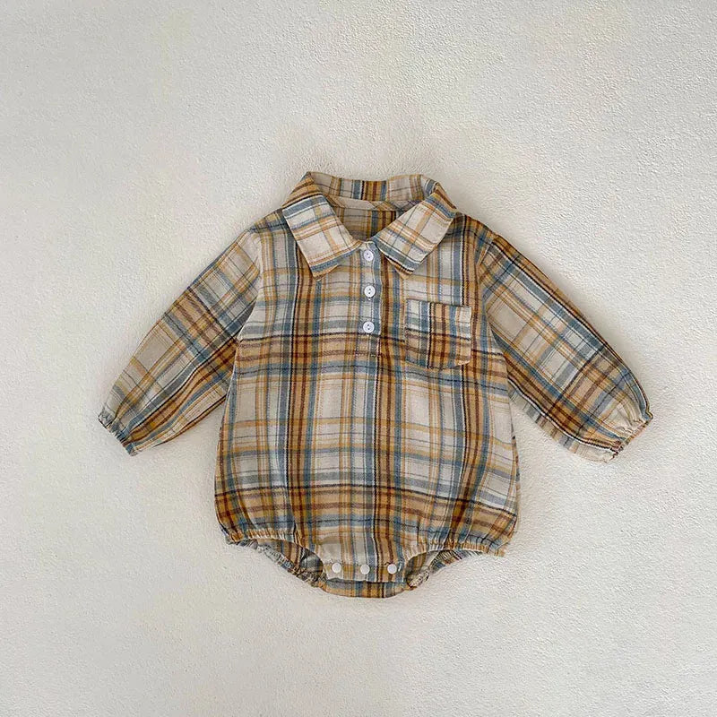 長袖ロンパース beige / 66cm ベビーロンパース 長袖シャツロンパース 襟付き レトロチェック 2カラー