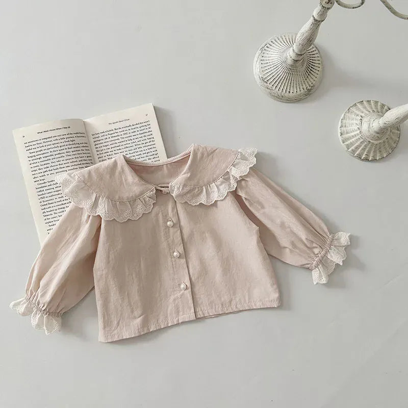 長袖シャツ・ブラウス beige / 66cm ベビートップス 長袖ブラウス レースフリル 長袖シャツ ベージュ/グリーン/2カラー