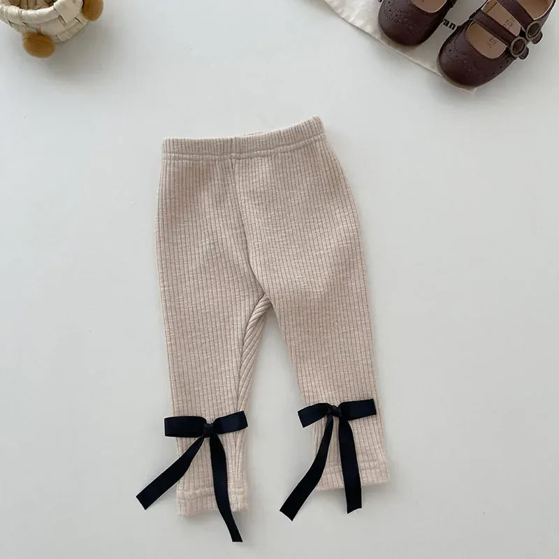 レギンスパンツ beige / 66cm ベビーパンツ リブレギンス リボンレギンスパンツ ベージュ グレー 2カラー