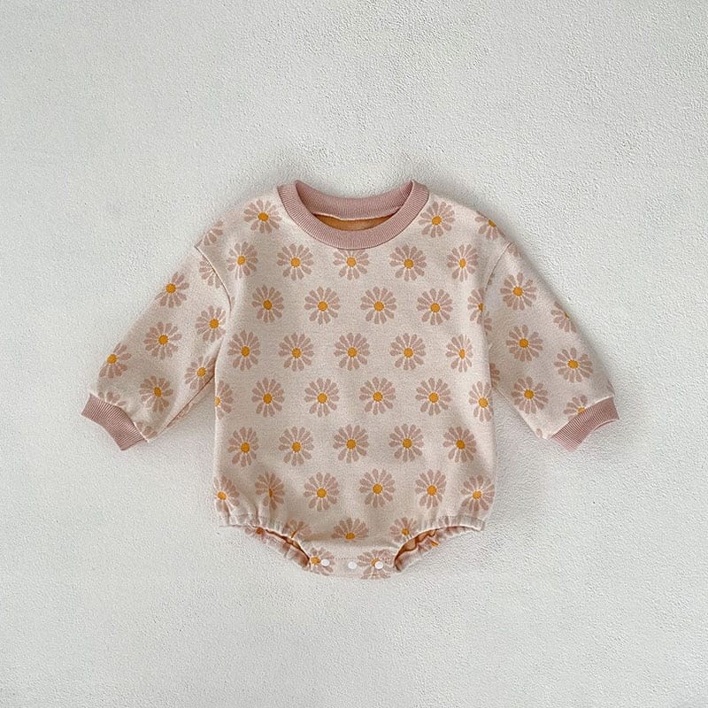 長袖ロンパース beige / 66cm ベビー服 長袖 ロンパース レトロフラワー 花柄 ベージュ ピンク 2色 女の子