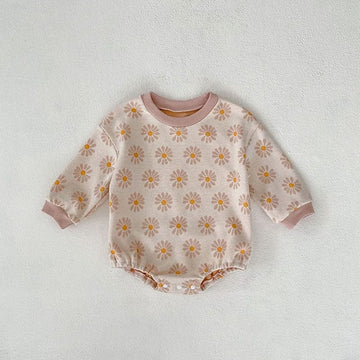 長袖ロンパース beige / 66cm ベビー服 長袖 ロンパース レトロフラワー 花柄 ベージュ ピンク 2色 女の子