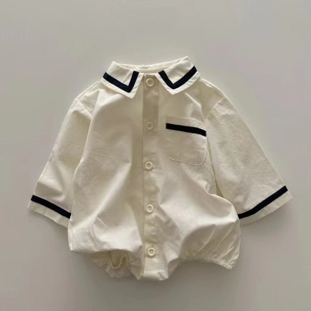 長袖ロンパース beige / 66cm ベビー 長袖シャツロンパース ライン入り ラペル襟 ブルー ベージュ 2色 ボーイズ 男の子 7728