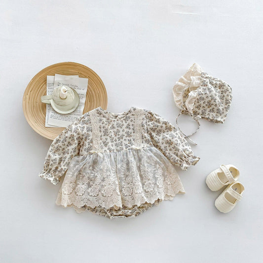 長袖ロンパース Beige / 66cm ベビー 長袖ロンパース フラワー 花柄 レースエプロン ドッキング ドレスロンパース ボンネットセット 帽子付き 2点セット ガールズ 女の子【mh0002829】