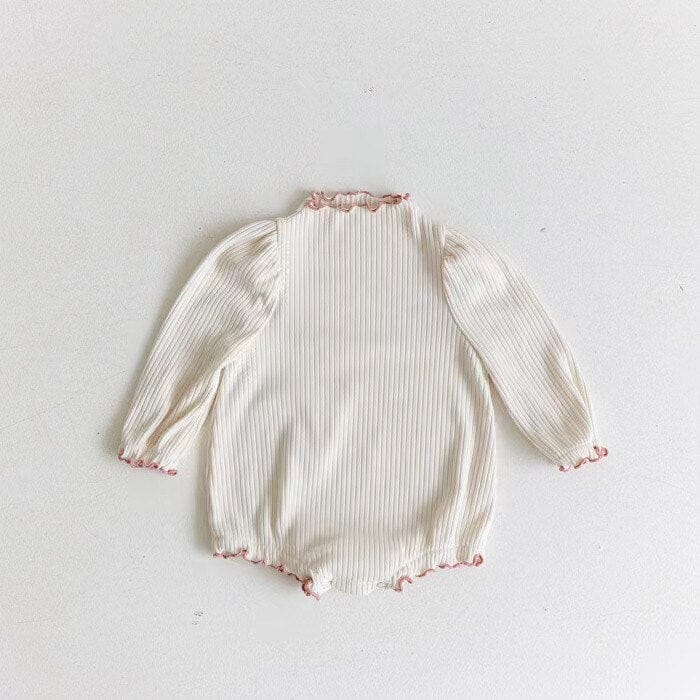 長袖ロンパース Beige / 66cm ベビー 長袖ロンパース リブ フリル スタンドカラー シンプル ベーシック ピンク ベージュ 2カラー ガールズ 女の子 子供服【mh0002921】