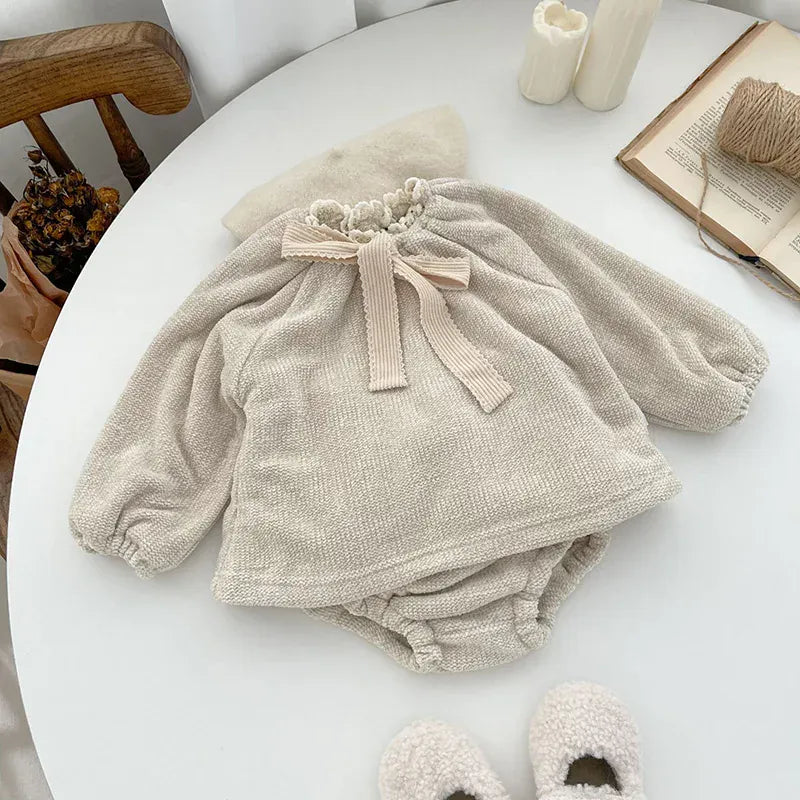 長袖セットアップ beige / 66cm ベビーセットアップ 2点セット ルーズ長袖Tシャツ リボンチュニック ブルマパンツ ガールズ 女の子 子供服