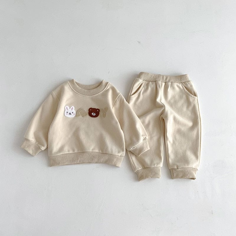 長袖セットアップ beige / 66cm ベビー アニマル 刺繍 セットアップ スウェット トレーナー パンツ 3カラー ボーイズ