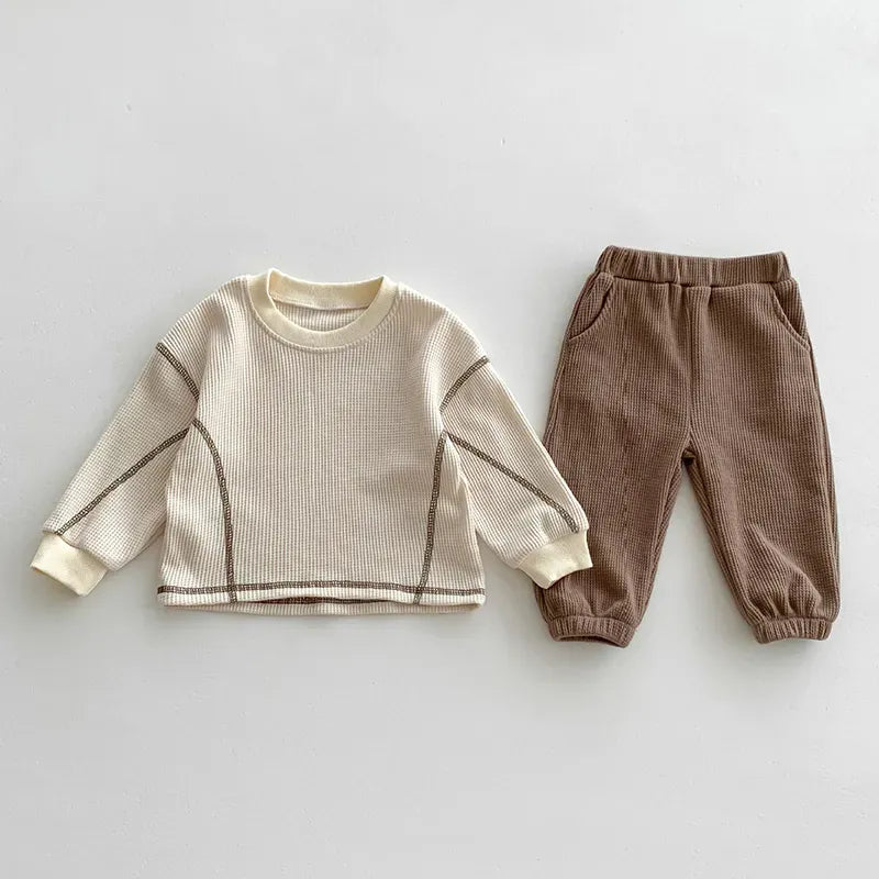 長袖セットアップ beige / 66cm / 取り寄せ（3〜14日） ☺︎ ベビーセットアップ 2点セット ワッフル 長袖Tシャツ パンツ ベージュ ボーイズ 男の子 子供服