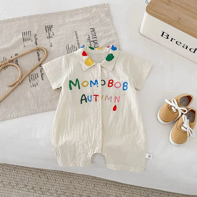 半袖ロンパース Beige / 66cm ベビーロンパース 半袖シャツジャンプスーツ つなぎ カラフル レターロゴ刺繍【mh0005419】