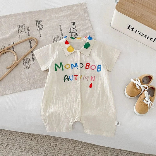 半袖ロンパース Beige / 66cm ベビーロンパース 半袖シャツジャンプスーツ つなぎ カラフル レターロゴ刺繍【mh0005419】