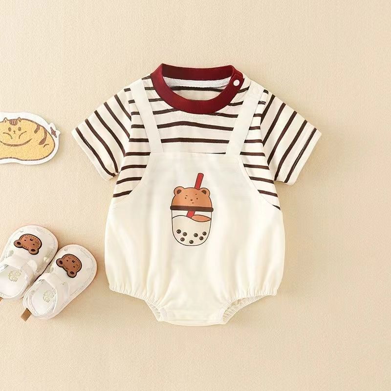 半袖ロンパース Beige / 66cm ベビーロンパース 半袖ドッキングボディスーツ ボーダー タピオカプリント【mh0005504】