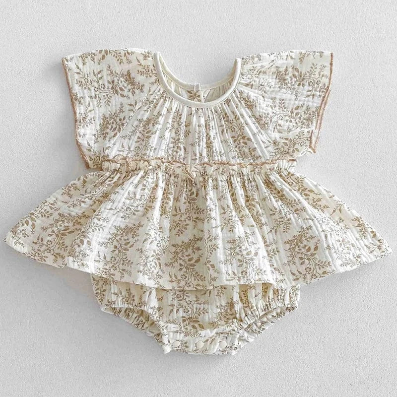 半袖ロンパース Beige / 66cm ベビーロンパース ノースリーブ スカートボディスーツ/スタンドフリルボディスーツ【mh0006130】