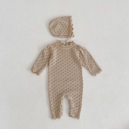 長袖ロンパース Beige / 66cm ベビーロンパース ボンネットセット レースニット 長袖ジャンプスーツ 帽子セット ベージュ【mh0006226】