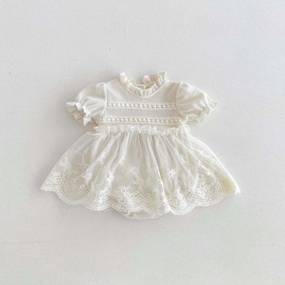 半袖ロンパース Beige / 66cm レーススカートスタンドカラー半袖ロンパース【mh0010330】