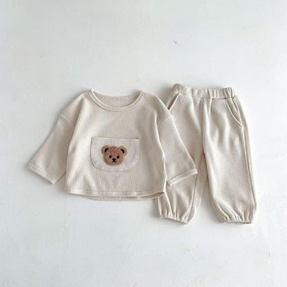 長袖セットアップ beige / 66cm ベビー ワッフル セットアップ くま ベア 長袖 Tシャツ パンツ ベージュ カーキ ユニセックス