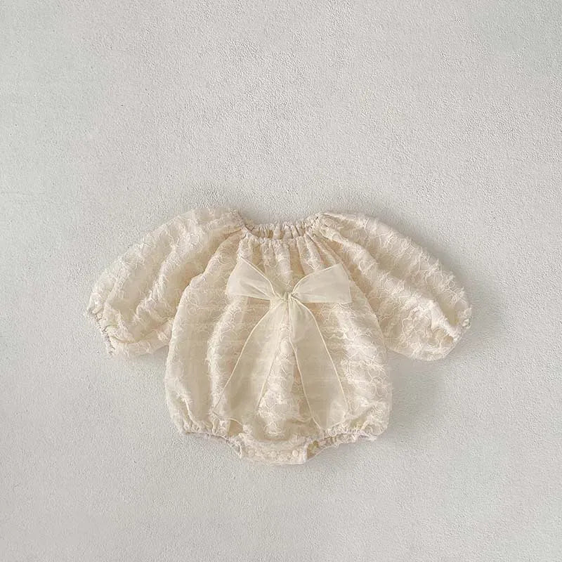 長袖ロンパース beige / 6M  66cm ベビーロンパース ビッグリボンレースフリル長袖ボディスーツ ベージュ