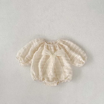 長袖ロンパース beige / 6M  66cm ベビーロンパース ビッグリボンレースフリル長袖ボディスーツ ベージュ