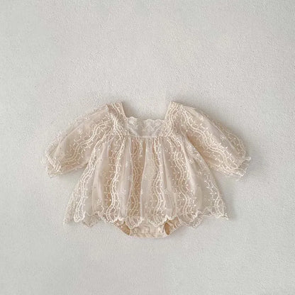 長袖ロンパース Beige / 6M 66cm ベビーロンパース レース 長袖スカートボディスーツ ベビードレス お出かけ ベージュ