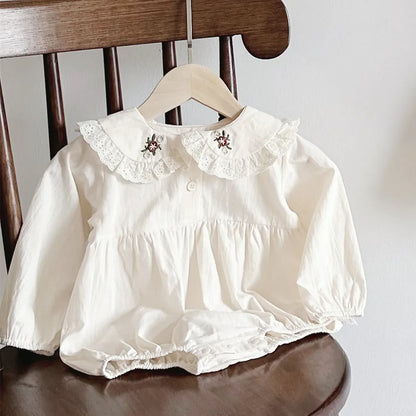 長袖ロンパース beige / 6M  66cm ベビーロンパース/ワンピース フラワー花柄刺繍 フロントボタンノースリーブワンピース/長袖丸襟ボディスーツ