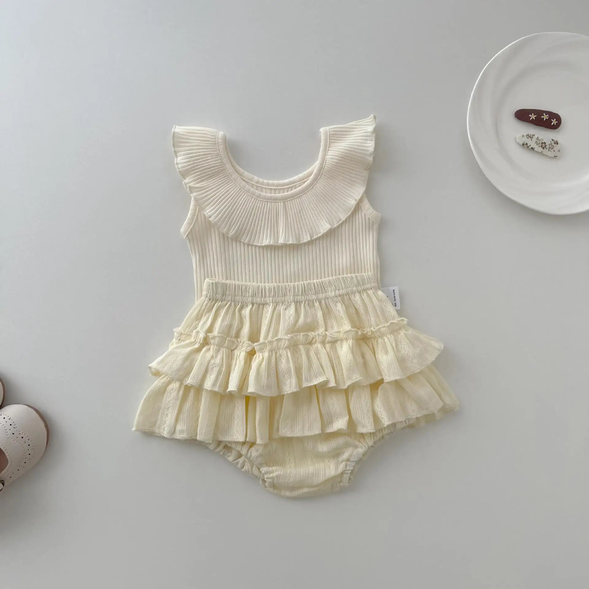 ノースリーブセットアップ beige / 6M  66cm ベビーセットアップ 2点セット ノースリーブサークル襟トップス+フリルブルマパンツ ベージュ
