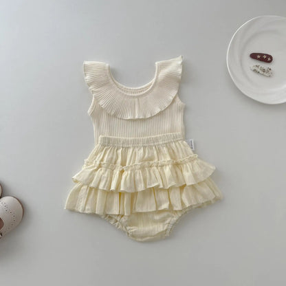 ノースリーブセットアップ beige / 6M  66cm ベビーセットアップ 2点セット ノースリーブサークル襟トップス+フリルブルマパンツ ベージュ