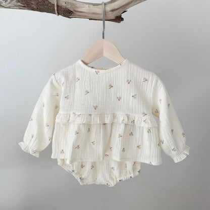 長袖セットアップ beige / 6M  66cm ベビーセットアップ 2点セット 長袖ペプラムチュニックブラウス+ブルマパンツ フラワー小花柄プリント