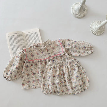 長袖セットアップ beige / 6M  66cm ベビーセットアップ 2点セット 長袖チュニックブラウス ブルマパンツ フラワー花柄プリント