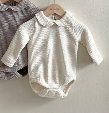 長袖ロンパース beige / 6M  66cm ベビーロンパース 長袖ボディスーツ 丸襟 シンプルベーシック 2カラー