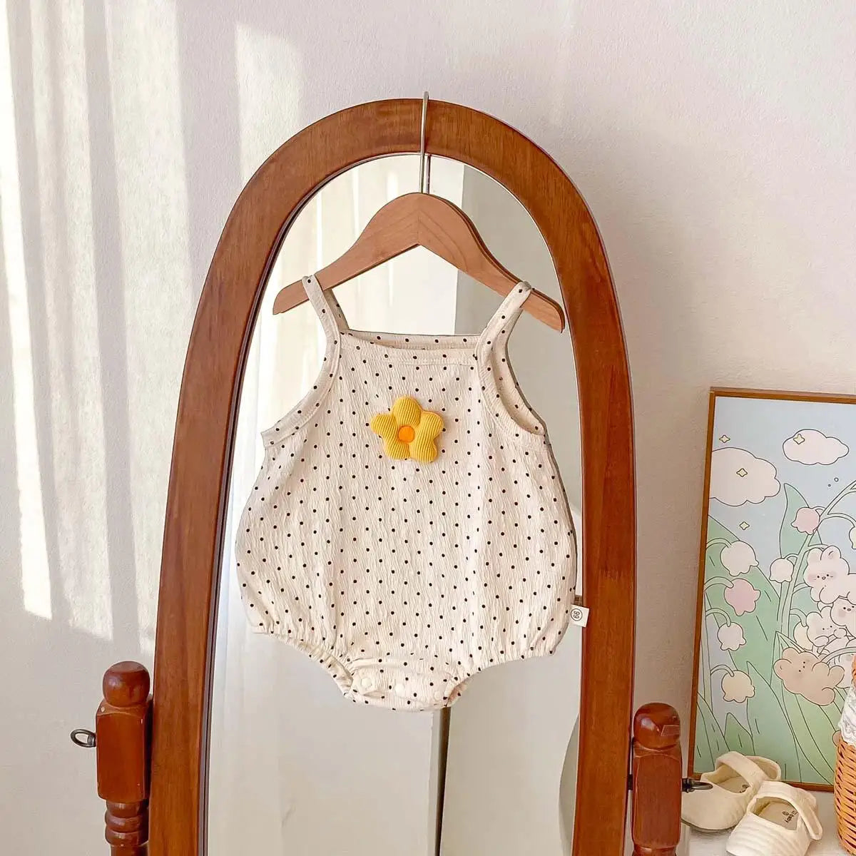 ノースリーブロンパース Beige / 6M  66CM ベビーロンパース キャミソールボディスーツ ボーダー柄/水玉ドットプリント 2カラー【mh0004468】