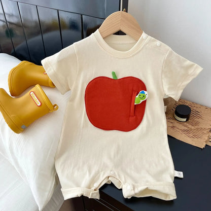 半袖ロンパース Beige / 6M  66CM ベビーロンパース 半袖ジャンプスーツ バナナ りんご パッチワークアップリケ 2カラー【mh0005452】