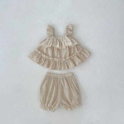 ノースリーブセットアップ Beige / 6M 66cm ベビーセットアップ 2点セット ノースリーブチュニックブラウス+バルーンショートパンツ レースフリル ベージュ【mh0005858】