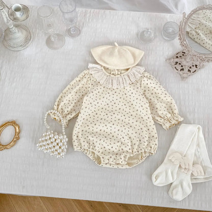 長袖ロンパース Beige / 6M  66CM ベビーロンパース レースフリルサークル襟小花柄プリント長袖ボディスーツ 2カラー【mh0006785】