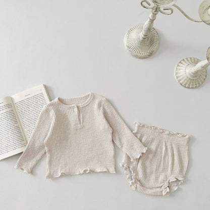 長袖セットアップ beige / 6M  66cm ベビーセットアップ 2点セット 長袖フリルTシャツ+ブルマパンツ 2カラー