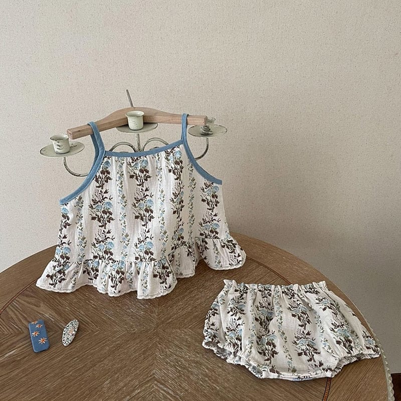 ノースリーブセットアップ Beige / 6M/66cm ベビー セットアップ フラワー 小花柄 フリル キャミソール チュニックブラウス ブルマパンツ ベージュ グリーン ガールズ【mh0002257】