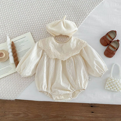 長袖ロンパース Beige / 6M  66CM ベビーロンパース 長袖ボディスーツ フリル襟レース刺繍 ベージュ【mh0004606】