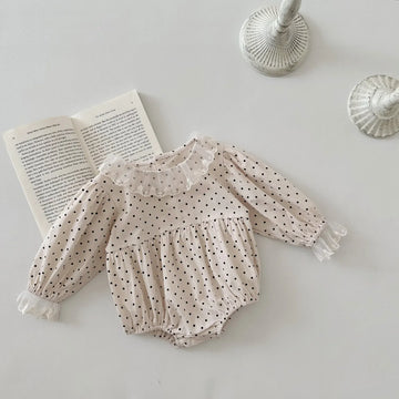 長袖ロンパース Beige / 6M  66CM ベビーロンパース 長袖パフスリーブボディスーツ レース 水玉ドットプリント【mh0004666】