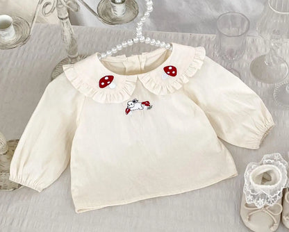 長袖シャツ・ブラウス Beige / 6M  66CM ベビートップス 長袖ビッグ襟ブラウス きのこうさぎ刺繍【mh0006397】