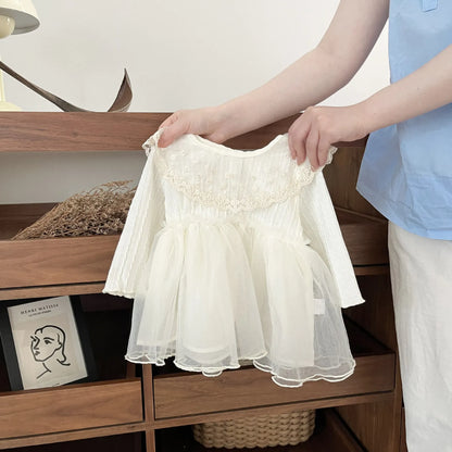 長袖ワンピース Beige / 6M  66CM ベビーワンピース フラワー刺繍レーススカート長袖ドレスワンピース【mh0007760】