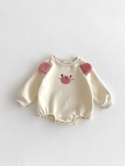 長袖ロンパース Beige / 6M  66CM ベビーロンパース アニマルフェイス耳付き裏フリース長袖ボディスーツ【mh0007865】