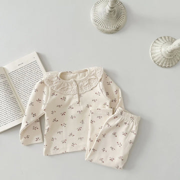 長袖パジャマ Beige / 6M  66CM ベビー長袖パジャマセット 長袖レース襟Tシャツ+ロングパンツ フラワー小花柄プリント【mh0004634】