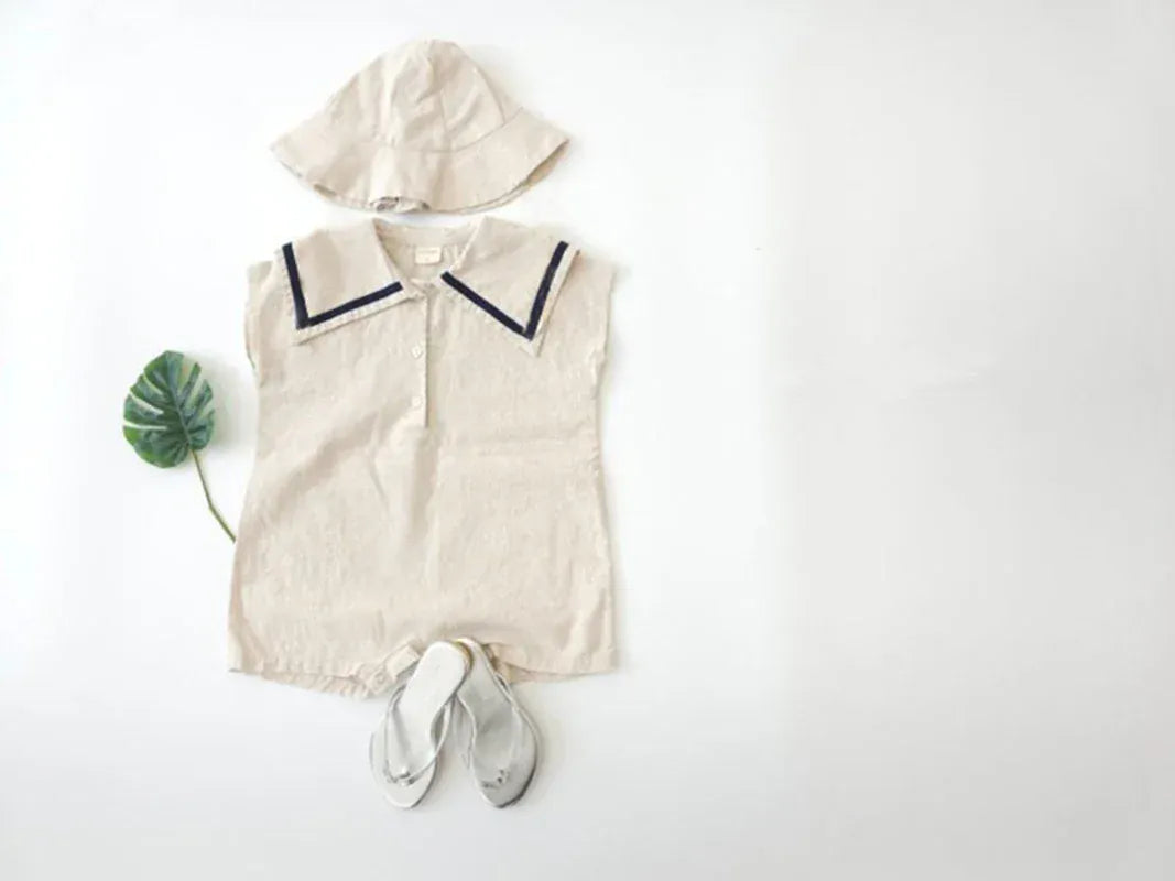 ノースリーブロンパース Beige / 6M 73cm ベビーロンパース 帽子セット ノースリーブセーラーカラージャンプスーツ チェック/無地 チューリップハットセット 2カラー【mh0006078】