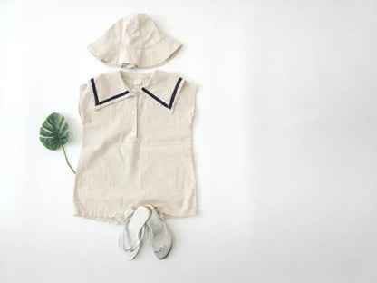 ノースリーブロンパース Beige / 6M 73cm ベビーロンパース 帽子セット ノースリーブセーラーカラージャンプスーツ チェック/無地 チューリップハットセット 2カラー【mh0006078】