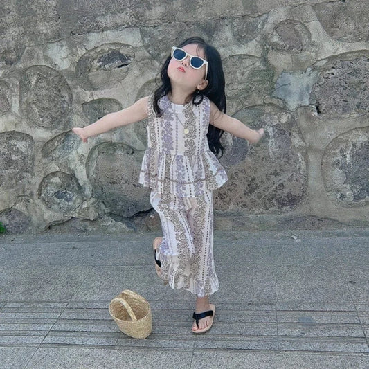 ノースリーブセットアップ Beige / 7(3-4Y) 90cm キッズセットアップ 2点セット ノースリーブペプラムトップス+ワイドルーズパンツ【mh0005760】