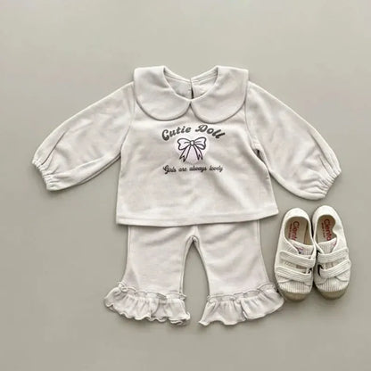 長袖セットアップ Beige / 70cm ベビーキッズセットアップ 2点セット リボンプリント丸襟長袖Tシャツ+裾フリルロングパンツ 2カラー【mh0007416】