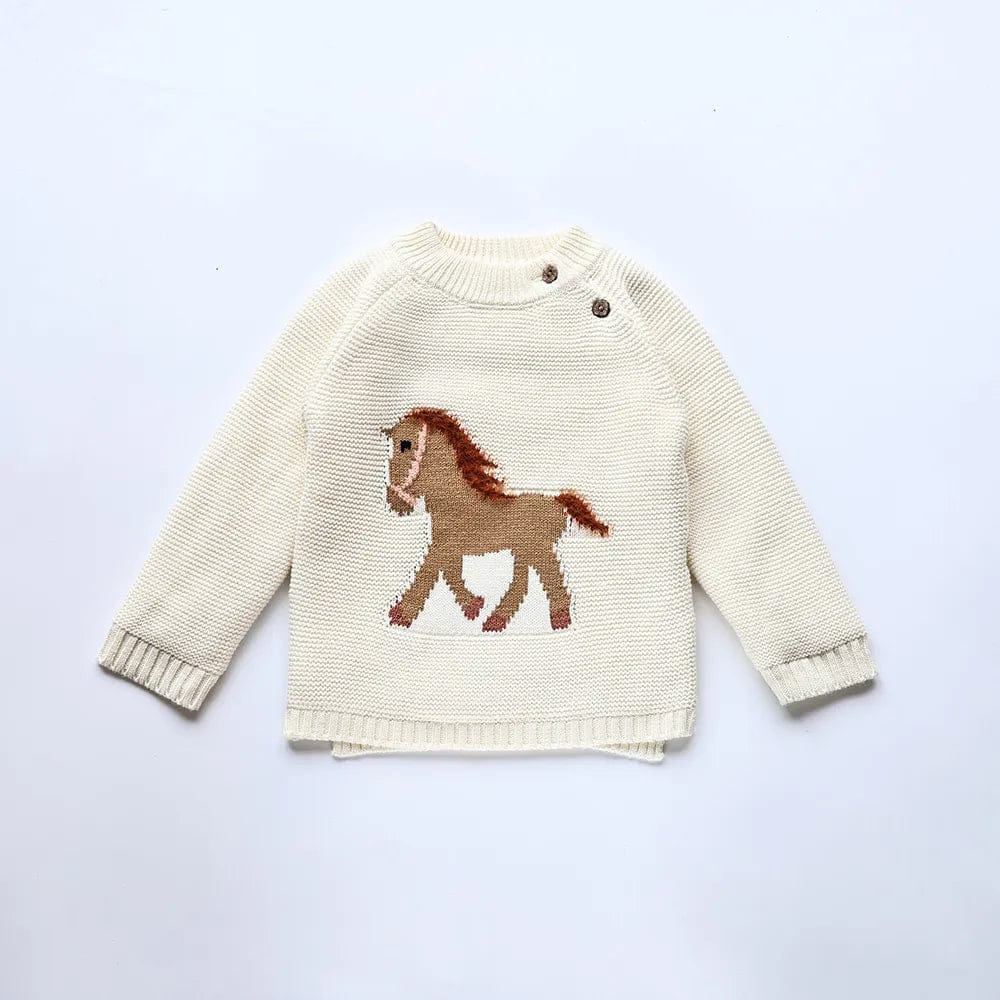 ニット・セーター beige / 70cm / 取り寄せ（3〜14日） ☺︎ キッズセーター ニット 裏フリース 馬 ホース ベージュ グリーン ピンク 3カラー ユニセックス 男の子 女の子 子供服