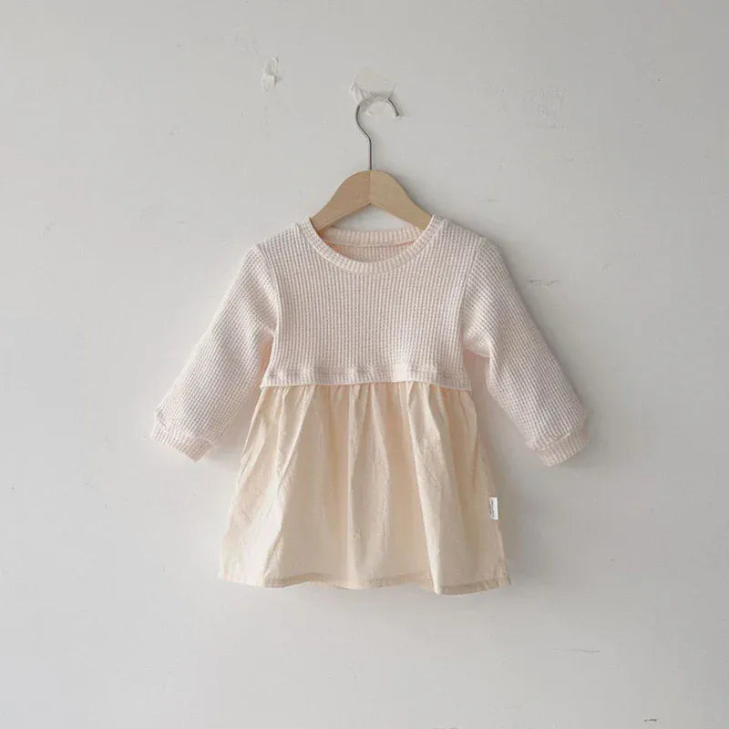 長袖ワンピース beige / 73cm ベビーワンピース ワッフルドッキング 長袖ワンピース ベージュ