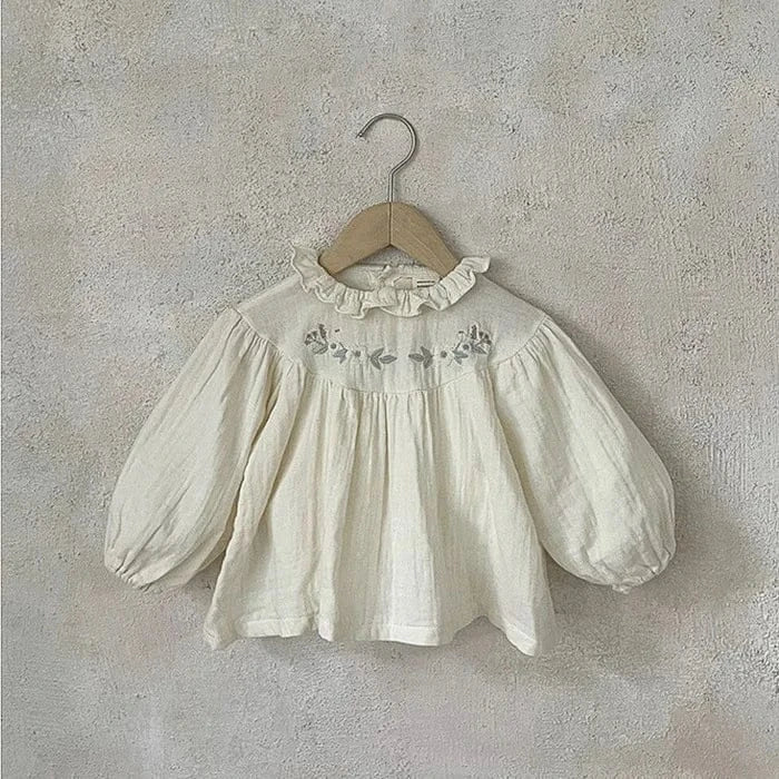 長袖シャツ・ブラウス beige / 73cm ベビートップス 長袖ブラウス フラワー花柄刺繍 ライトグレー ベージュ 2カラー