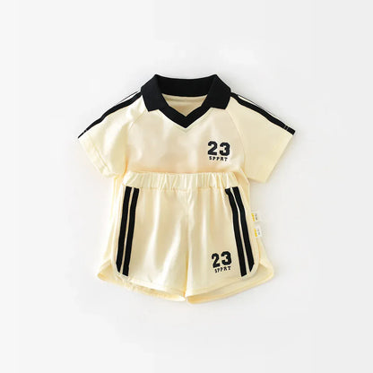 半袖セットアップ Beige / 73cm ベビーセットアップ 2点セット ポロ襟半袖シャツ+ショートパンツ ユニフォーム 2カラー