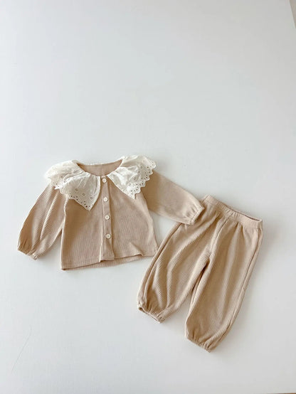 長袖セットアップ Beige / 73cm ベビーキッズセットアップ 2点セット ワッフルレースビッグ襟長袖シャツ+ロングパンツ 2カラー【mh0007326】