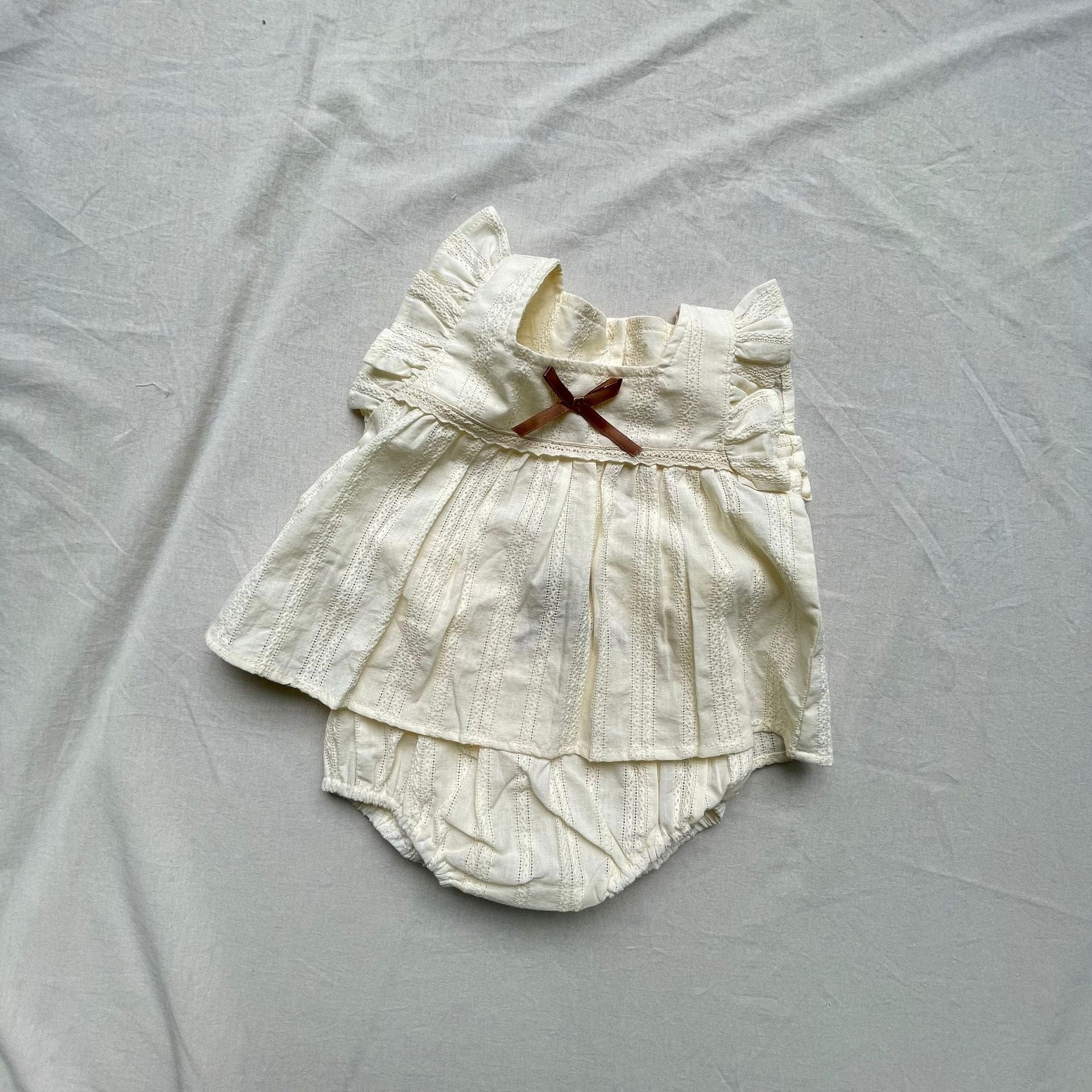 ノースリーブセットアップ Beige / 73cm レースフリル半袖チュニックブラウス+ブルマパンツセットアップ 2点セット【mh0009429】