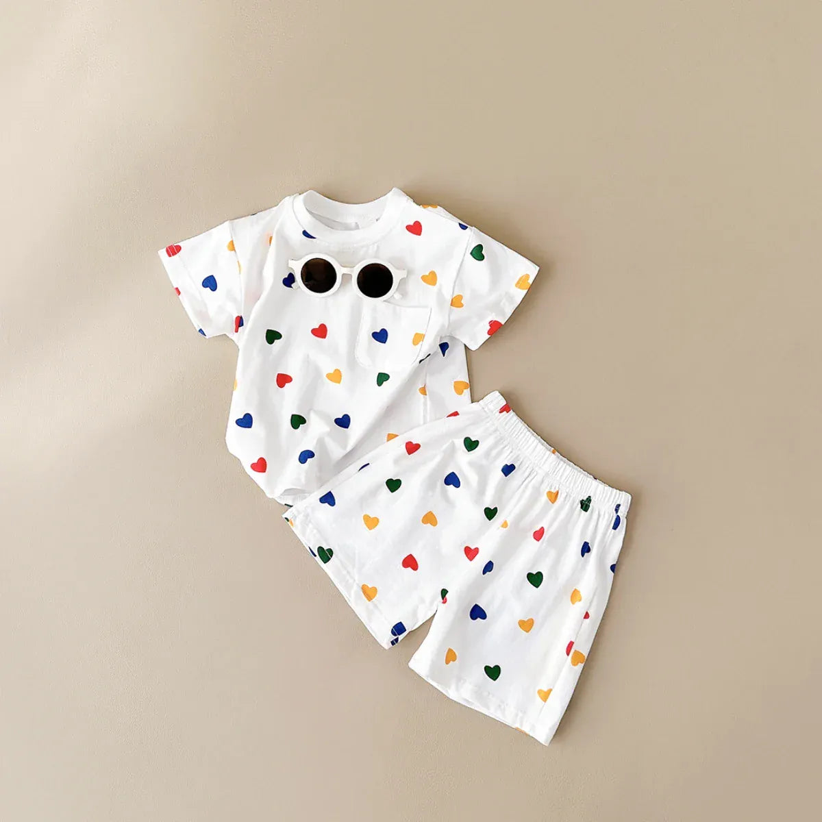 半袖セットアップ Beige / 73cm ベビーキッズセットアップ 2点セット 半袖Tシャツ+ショートパンツ チェック/カラフルハートプリント【mh0005638】